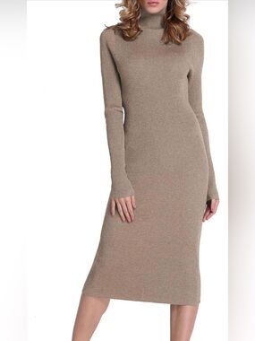 Rocorose Long Sleeve Turtleneck Ribbed Knit Bodycon Midi Dress - Taupe, Size L